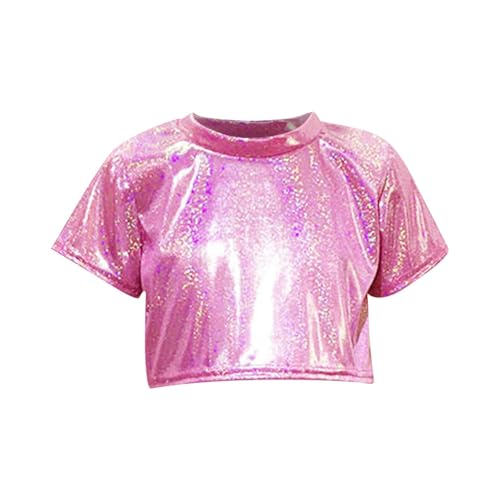 Teen Girls Sequin Shirt Trendy Sparkle Shimmer Cropped Dance Tshirts Kids Summer Casual Glitter Short Sleeve Shirts