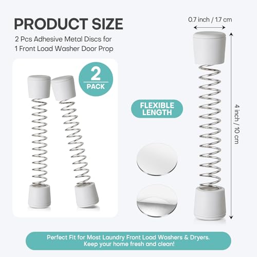 Nezylaf Front Load Washer Door Prop 2 Pack Gray - Magnetic Washing Machine Door Holder with Adhesive Metal Discs & Flexible Spring - Keep Washer Door Open to Prevent Odors - Laundry Accessories (2)