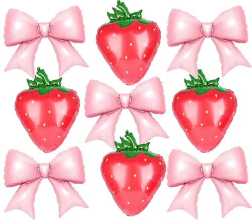 Kriyokiaa 9 PCS Pink Bow and Red Strawberry Foil Balloons for Strawberry Birthday Decorations Pink Bow Birthday Decorations Berry First Birthday and Berry Sweet Girl Baby Shower Party Decor