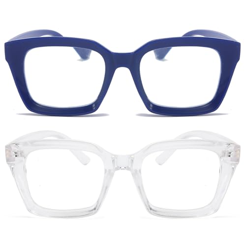 Image of REAVEE 2 Pack Oversized Reading Glasses for Women Men Blue Light Blocking, Ladies Stylish RetroSquare Large Computer Readers (Blue /Clear 2.75x)