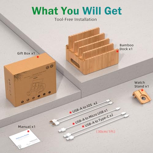 Pezin & Hulin Cell Phone Charging Stations, Bamboo Dock Organizer for Multi Devices, Tablets, Smart Watch, with Pack 5 Cables, No Power Charger Supply
