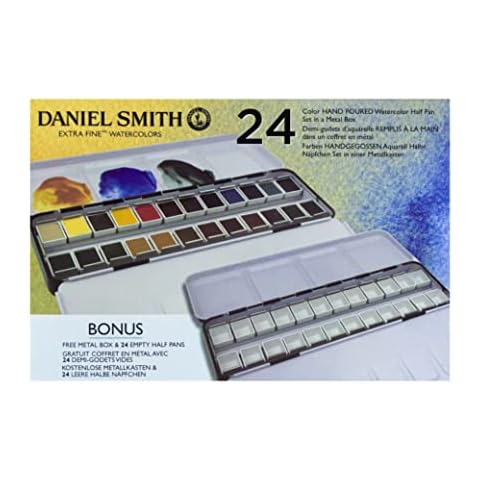 Daniel Smith Color Hand Poured Pan Set with BONUS Metal Box and Empty Half Pans, 24 Units (Pack of 1) Cover