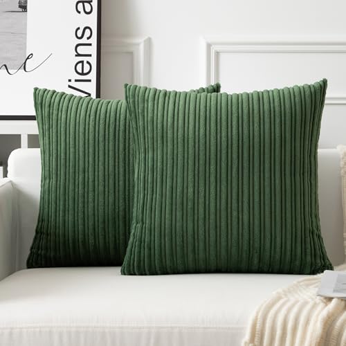 UGASA Velvet 26x26 Inch Soft Throw Pillow Covers Decorative Corduroy Striped Both Sides Solid Square Cushion Cases Boho Farmhouse for Couch Bedroom Sofa Home, Pack of 2, Moss Green