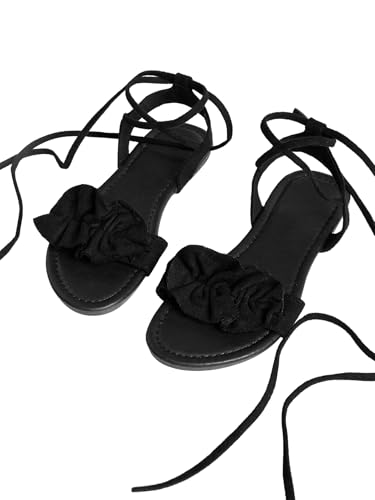 GORGLITTER Women's Lace Up Gladiator Sandals Ruffle Trim Strappy Flat Sandals Casual Tie Up Ankle Strap Sandals3