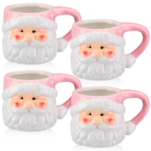 Sliner 4 Pcs Christmas Santa Coffee Mugs 11 oz Vintage Santa Claus Heads Ceramic Mug Christmas Themed Design Cup Set for Coffee Tea Hot Chocolate Xmas Holiday Gifts (Pink)