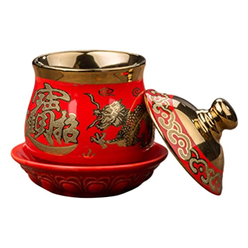 Zerodeko Ceramic Altar Cup, Holy Water Offering Cup With Auspicious Patterns, Tibetan Buddhist Worship Cup Decorative Cup Blessing Cup Teacup With Lid (Red) #TOP16