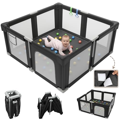 Image of Foldable Playpen for Babies and Toddlers, 51 inch Portable Play Pen with Mat and Ocean Balls, Play Yard with with Visible Mesh for Inddor and Outdoor, No Assembly Required, Black