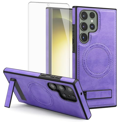 Asuwish Phone Case for Samsung Galaxy S23 Ultra 5G Cell Cover with Magnetic Tempered Glass Screen Protector and PU Leather Charging Hard Holder S23Ultra 23S S 23 23Ultra 6.8 inch Women Men Purple