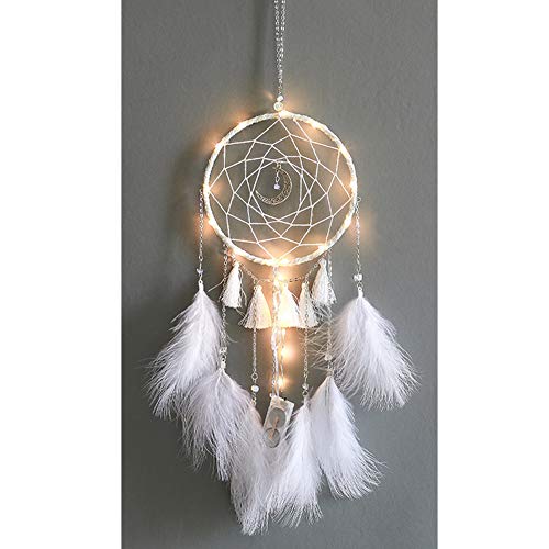 Handgemachter Traumfänger mit LED-Lichterkette - Weißer Feder-Wanddekoration für Schlafzimmer, Hängende Dekoration Bastelgeschenke aus der Indianischen Mythologie