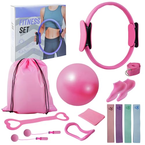CoreHarmony Pilates Essentials Kit – Beginner Home Set with Ring, Mini Ball, Bands & Bag (Pink)