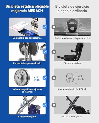Miniatura 7 de Merach Bicicleta Estática Plegable Para Hogar - Bicicleta Estática Magnética 4 En 1 Con Resistencia De 16 Niveles, Aplicación Exclusiva, Capacidad De 136 Kg Y Cojín De Asiento Grande Y Cómodo