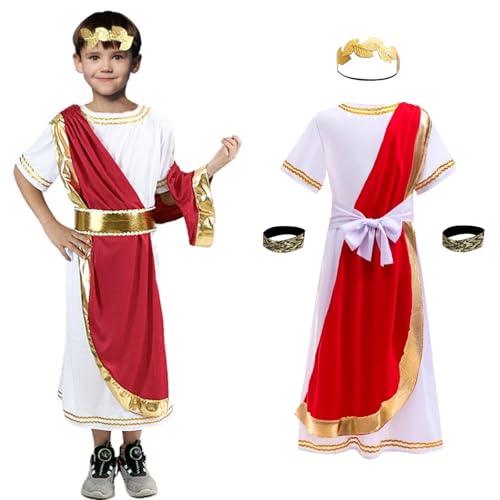 DAVBNM Ancient Roman Greek God Costume Fancy Dress Up Outfits Set with Laurel Headband, Ancient Greek Costume, Roman Emperor Childs White Tunic With Red Sash, a Belt and Gold Leaf Headpiec (M)