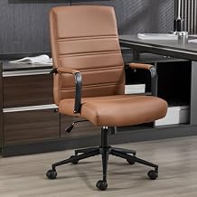 Office Desk Chair Leather, Conference Room Chairs with Wheels, Modern Executive Office Chairs Adjustable Height, Ergonomic Swivel Rolling Ribbed Computer Chair Brown&Black