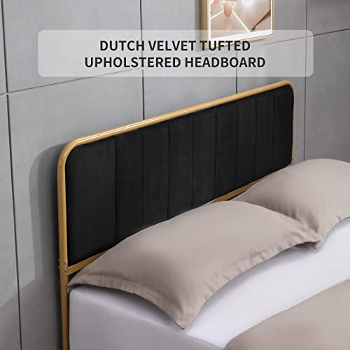 Mjkone Queen Size Bed Frame, Upholstered Bed Frame With Dutch Velvet Tufted Headboard, Heavy Duty Metal Platform Bed Frame With Metal Slats, Easy Assembly, No Box Spring Needed, Black #TOP5
