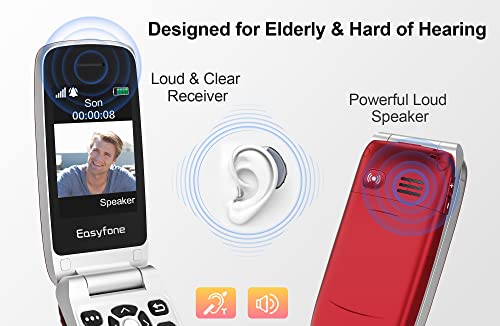 Easyfone Prime-A1 Pro Unlocked 4G Flip Cell Phone for Seniors | Easy-to-Use | Big Buttons | Clear Sound | SOS & Block Button | Photo Speed Dial | SIM Card Included and Charging Dock (Red)