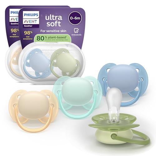 Philips Avent Ultra Soft-fopspenen - orthodontisch design, voor baby's van 0-6 maanden, flexibel schildje, symmetrische siliconen speen, BPA-vrij, 2 sterilisatiedoosjes, set van 4, SCF091/50