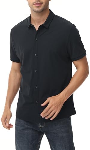 ZTN Men's Casual Stretchy Short Sleeve Button Down Wrinkle Free Shirts UV50+ Moisture Untucked Dress Summer Shirts Black S