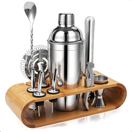 Coqueteleira Inox Profissional 500ml 12 Peças Conjunto Barman para Cocktails Caipirinha Drinks Suporte de Madeira Anti Vazamento Festas Bar e Casa Premium