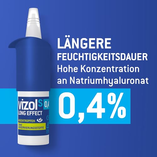 Vizol S 0,4% Long Effect Augentropfen bei starken Symptomen trockener und gereizter Augen, beruhigende Pflege in der stärksten Konzentration von 0,4% Natriumhyaluronat