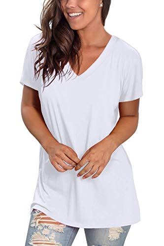 Womens Tops Loose Fitting V-Neck T Shirts Summer Short Sleeve Plain T-Shirts 2023 White 2Xl #TOP2