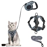 Katzengeschirr mit Leine Ausbruchsicher, Automatisch Einziehbare Katzenleine und Geschirr Katze Set, Verstellbares Katzen Geschirr Set mit Katzen Leine, Cat Harness für Kitten Hunde (Grau, S)