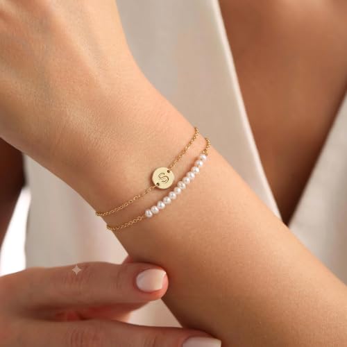 Image of Ritach Gold Initial Bracelets for Women Girls, Freshwater Pearl Bracelet