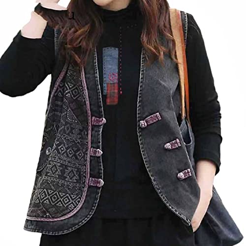 ADMAIEIA Jeansweste - Mode Damen Vintage Denim Weste Mantel Chinesischer Stil Schwarz Denim Bedruckte Westen Damen Vint Cover