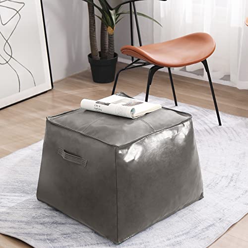 Cuyoca Unstuffed Leather Pouf Cover, Handmade Footstool Ottoman Storage Solution, Square Floor Footrest Footstool Cushion, 21.5X21.5X16 Inches, Grey #TOP3