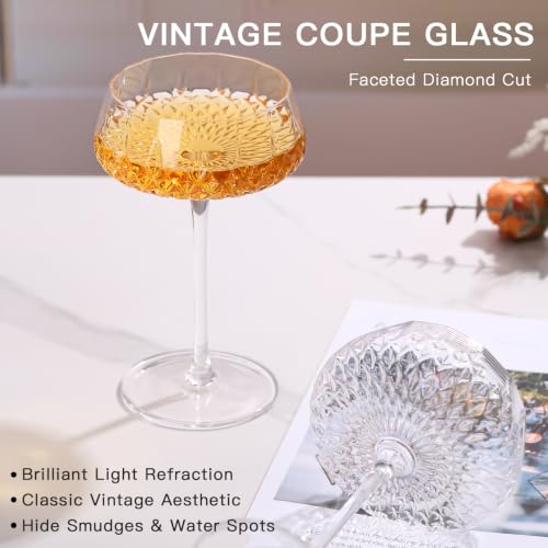Coupe Glasses Set of 4, 8oz Tall Stem Crystal Martini Cocktail Glasses, Radial Sunburst Faceted Diamond Cut Drinkware for Margaritas, Champagne, Cocktail Parties & Home Bar Decor, Vintage Style by SIPBYSOP - Used condition - Image 5