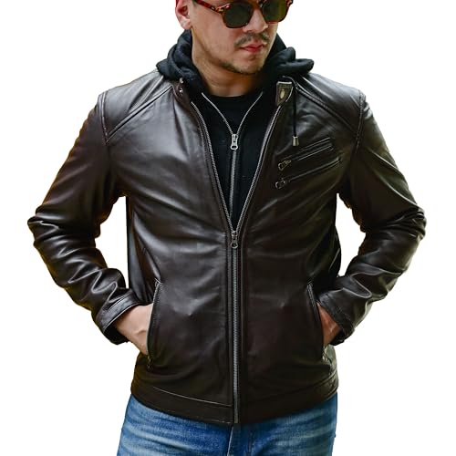 Image of Jild Hooded 2.0 Leather Jacket Men - Genuine Lambskin Leather Bomber Jacket with Removable Hood for Mens Fashion