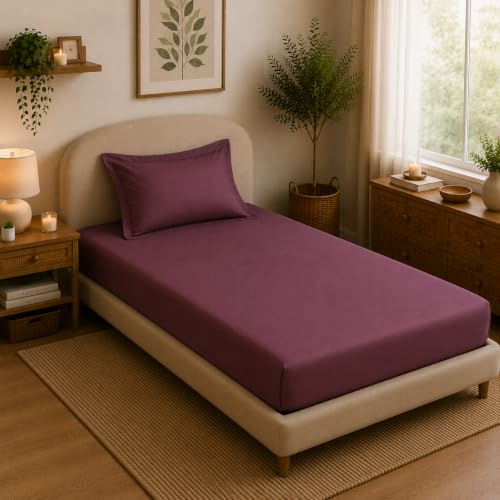 Image of Linen Home Cotton Percale Fitted Bedsheet Set Single Size Damson Berry