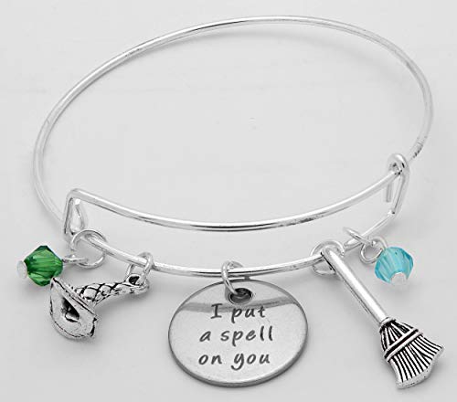 Art Attack Silvertone I Put A Spell On You It's Just A Bunch Of Hocus Pocus Witches Broomstick Hat Halloween Black Beaded Pendant Expandable Bracelet #TOP3