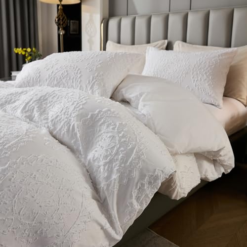 Herside Boho Tufted Duvet Cover Set Super King White Farmhouse Bedding Set Lightweight Circular Tufted Design Vintage Chic Quilt Cover Microfibre Bedding Cover All Season with 2 Pillowcases
