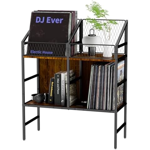 EYOCAL Vinyl Record Holder Storage Rack,200 LP Wooden Record Display Table for Albums Books Magazines Files for Living Room Bedroom Cover