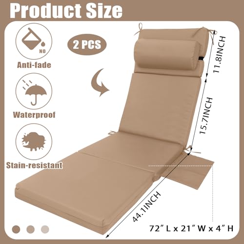 RattanView 2 Pcs Outdoor Chaise Lounge Cushion with Pillow and Side Pockets Waterproof Lounge Chair Cushions for Outdoor Furniture Patio Lounger Pad for Outside Pool Lawn (Brown,72 x 21 x 4) by RattanView - Used condition - Image 2