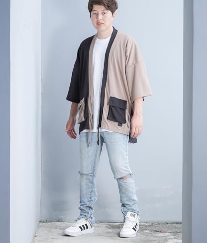 Men\'s Long Oversized Kimono Cardigan Noragi Cargo Jacket Haori Man Yukata Coat (Black - Brown)