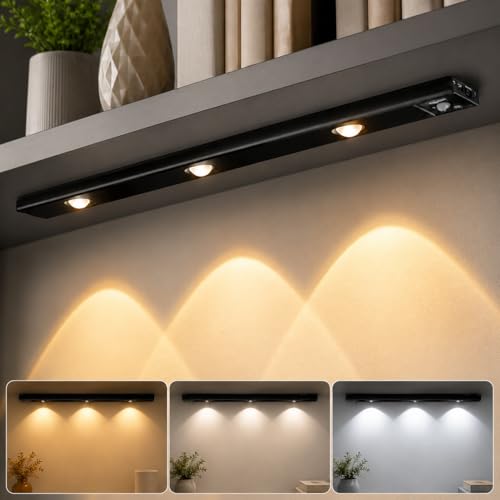 Image of One94Store 40CM Rechargeable Motion Sensor LED Light - Wireless Under Cabinet Light with 3 Color Modes, 1200mAh Battery, Dimmable Stick-On Lamp for Kitchen, Wardrobe & Bedroom (Black)