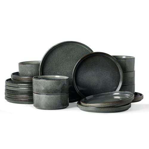 Image of Famiware Star 18-Piece Reactive Glaze Plates and Bowls Sets, Service for 6 - Stoneware Dinnerware with Trim, Modern Rustic Dishes, Chip & Scratch Resistant, Microwave & Dishwasher Safe, Deep Forest
