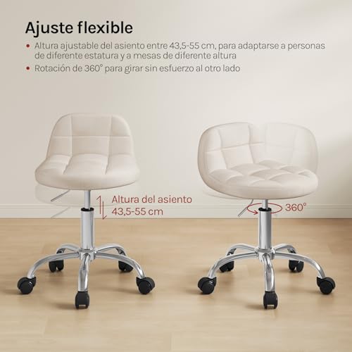 Miniatura 7 de Woltu Silla De Tocador Terciopelo, Taburete Giratorio Con Respaldo Bajo, Altura Regulable 43,5-55 Cm , Estructura Metálica, Crema