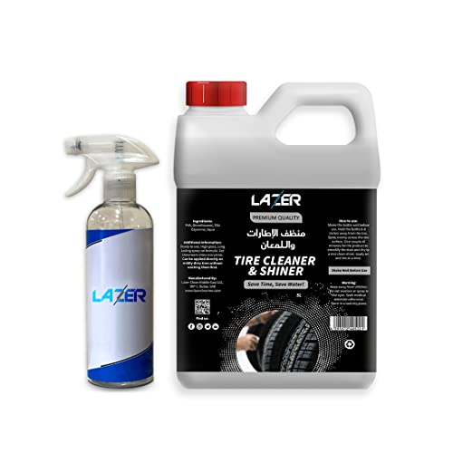 LAZER - Tire Cleaner and Shiner 5 Liter Gallon with (500ML) Free Spray Bottle for Alloy Chrome All Plastic Parts White Wall Tires Safe for Cars Trucks SUVs Motorcycles RVs & More