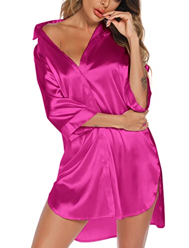 Leikar Silk Nightgown For Women 3/4 Sleeve Satin Nightgown Button Down Pajamas Dress Boyfriend Sleepshirt Rose Red #TOP1