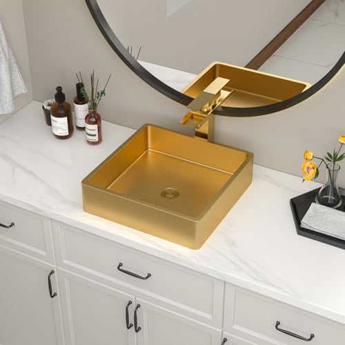 Lofeyo 15" Gold Bathroom Vessel Sink with Drain, 15x15 Inch