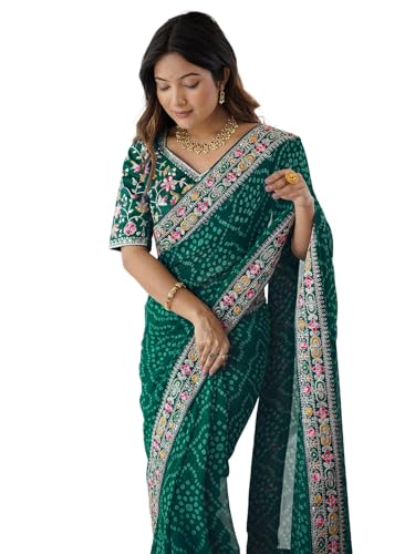 Image of Satrani Women's Georgette Bandhani Printed Sequin Embroidery Saree with Unstitched Blouse Piece