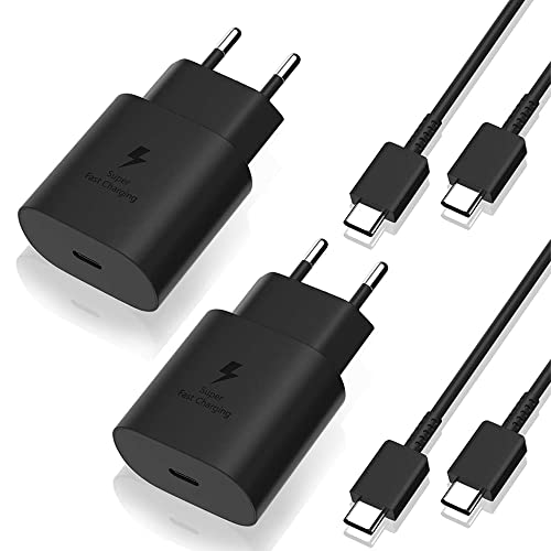 2 Pack USB C Lader 25W voor Samsung Galaxy S21 S21 Ultra S21 FE S22 Ultra S20 Plus Z Flip 3 5g Note 20 Note 9 A52 A72, PD 25W Oplader met Kabel 150cm - Zwart