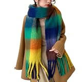youcoscos Winter Scarf for Women Oversized Chunky Plaid Scarves Large Plaid Thick Soft Warm Blanket Scarfs Tassel Shawl (Blue Green Yellow Orange)