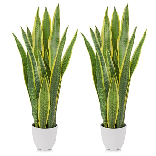 Oairse 2pcs Large Artificial Snake Plant 73cm Tall Fake Snake Plant in White Pots Artificial Plants Indoor Decorative Faux Sansevieria for Home Office Balcony Patio Living Room Garden Decor