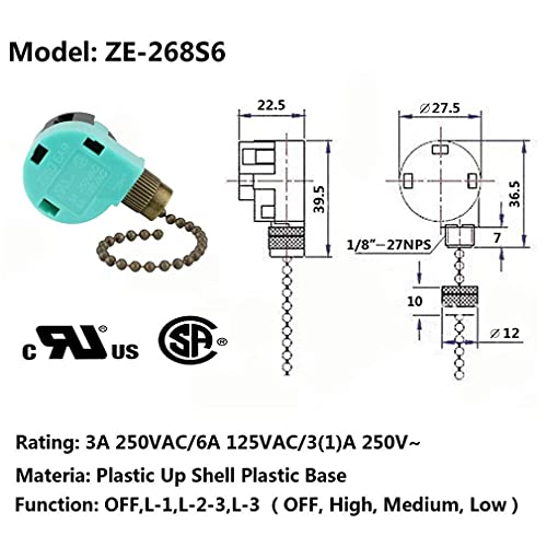 Ceiling Fan Switch Zing Ear Ze-268S6 Pull Chain Switch 3 Speed 4 Wire Pull Chain Switch Control Ceiling Fan Replacement Speed Control Switch, Bronze 1Pcs #TOP1