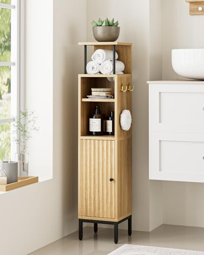 AEPOALUA Bathroom Storage Cabinet,Small Corner Floor Cabinet with 2 Hook,Narrow Tall Toilet Paper Cabinet with Adjustable Shelves,Bathroom Organizer for Living Room,Small Spaces (Wave, Oak-37''H)