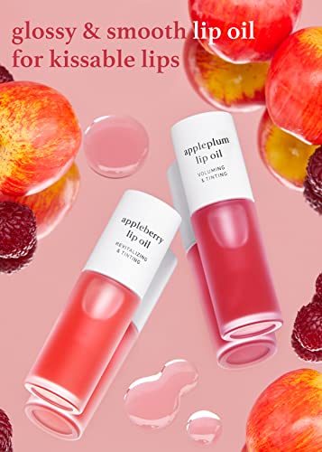 Image of NOONI Vegan Appleseed Lip Oil Set - Appleberry & Appleplum | Long-Lasting, Moisturizing, Plumping, Revitalizing for Dry Lips, Waterproof, No Peel Off, Korean Tint, 0.12 FL Oz x 2ea