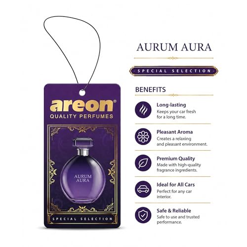 Image of AREON Luxury Aurum Aura SS02 Car Hanging Air Freshener - Premium Car Perfume, Long Lasting Vehicle Air Freshener, Stylish Hanging Scent for Interior Freshness - (Pack of 3)